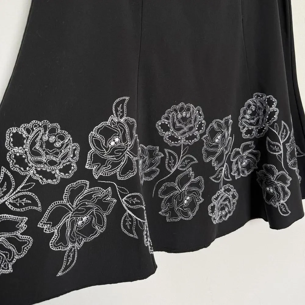 Vintage Black Romantic Skirt with‎ White Embroidered Floral Detail
